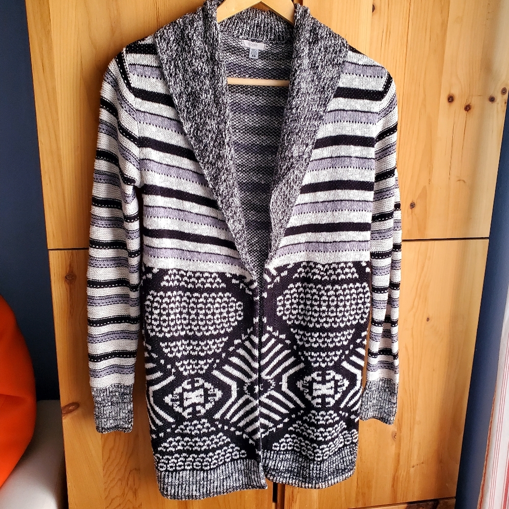 Ecote Women's Grey, Cream & Black Shawl Collared Long Cardigan size XS